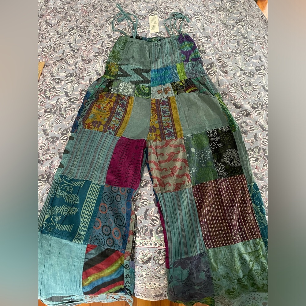 Kathmandu Cotton Patchwork Tie Strap Jumpsuit jumper in Multicolor Hues NWT 🔥